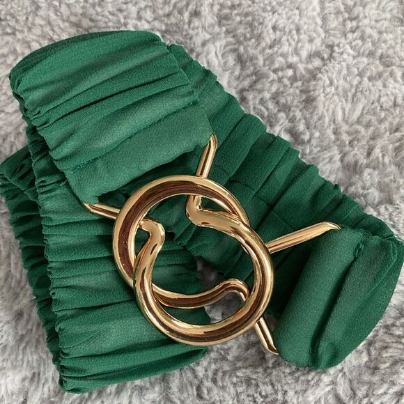 Green chiffon and Gold tone Stretch Belt with interlocking clasp - Picture 6 of 6